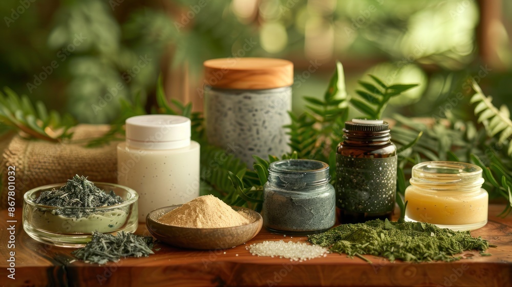 Various natural spa products with flowers and greenery. Various natural spa products with flowers and greenery.