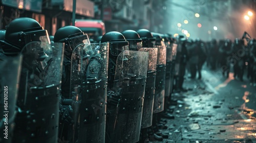 line of riot police with shields locked together, facing a crowd of protesters, with tension palpable in the air and the cityscape blurred in the background