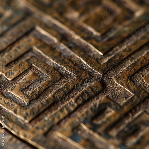 close-up of an Akan goldweight featuring an intricate geometric pattern. The goldweight, made of brass, showcases a meticulously crafted design with intersecting lines and repeating motifs.