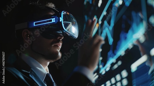 businessman in virtual headset looking at screens projection over black background