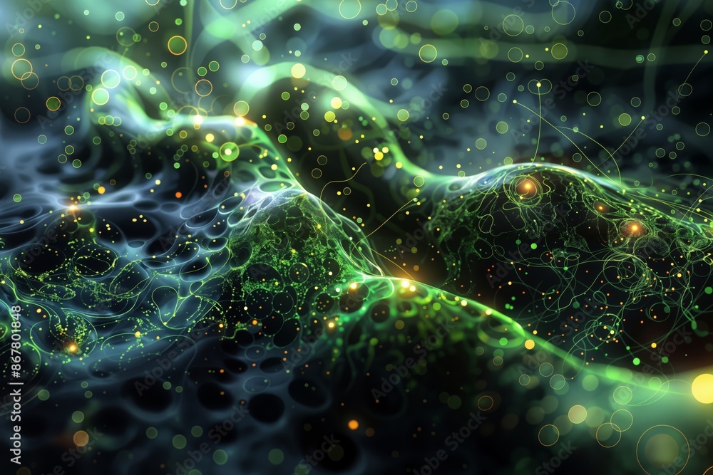 Neural Network Visualization: Glowing green structures with interconnected nodes depict neural networks or biological systems. Neural Network Visualization: Glowing green structures with interconnected nodes depict neural networks or biological systems.