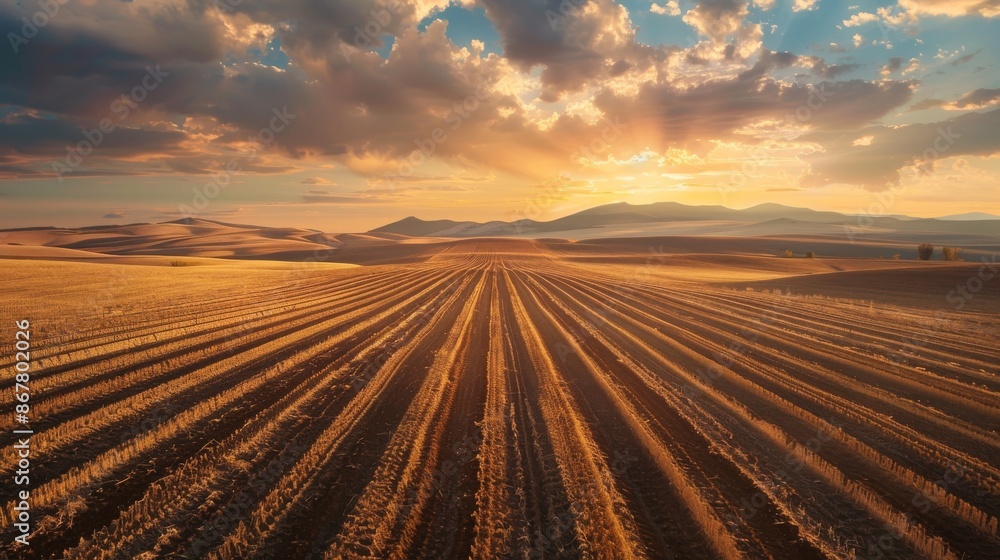 Fototapeta premium aerial view of a vast agricultural landscape, where geometric patterns of freshly plowed fields stretch to the horizon under a dramatic sky painted with swirling clouds and shafts of golden sunlight, 