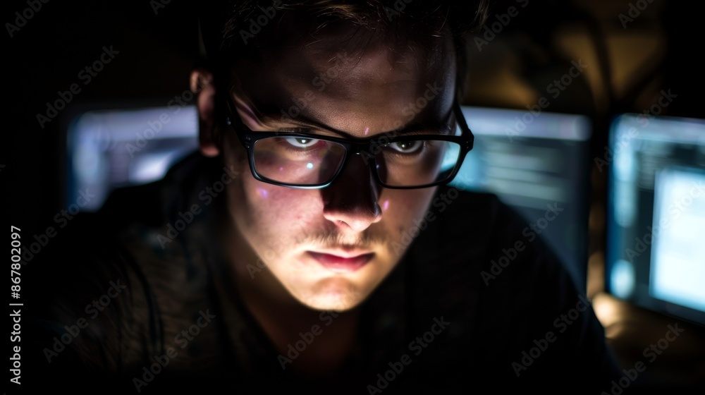 ethical hacker during a penetration testing session, with light from multiple screens illuminating their focused expression. The hacker face is partially obscured by shadows, adding an element of myst ethical hacker during a penetration testing session, with light from multiple screens illuminating their focused expression. The hacker face is partially obscured by shadows, adding an element of myst