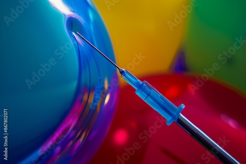 needle piercing through a vividly colored balloon, capturing the tension and anticipation of a moment frozen in time, with vibrant contrasts