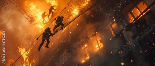 A dramatic scene of firefighters in action, extending a safety net to catch a person trapped on a burning building ledge, the tension and bravery of the rescue mission conveyed through dramatic photo