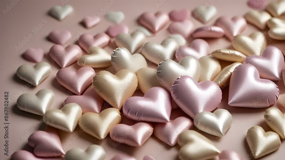 Pastel baby pink and gold-beige hearts balloons on pastel backdrop. Pastel baby pink and gold-beige hearts balloons on pastel backdrop.