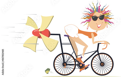 Cartoon cycling woman. 
Smiling young cyclist woman on the bike tries to ride faster using a propeller. Isolated on white background
