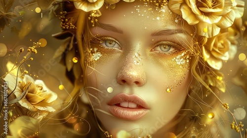 Beautiful woman with fantastic golden lips and skin. Decor and interior, canvas, gold abstraction.