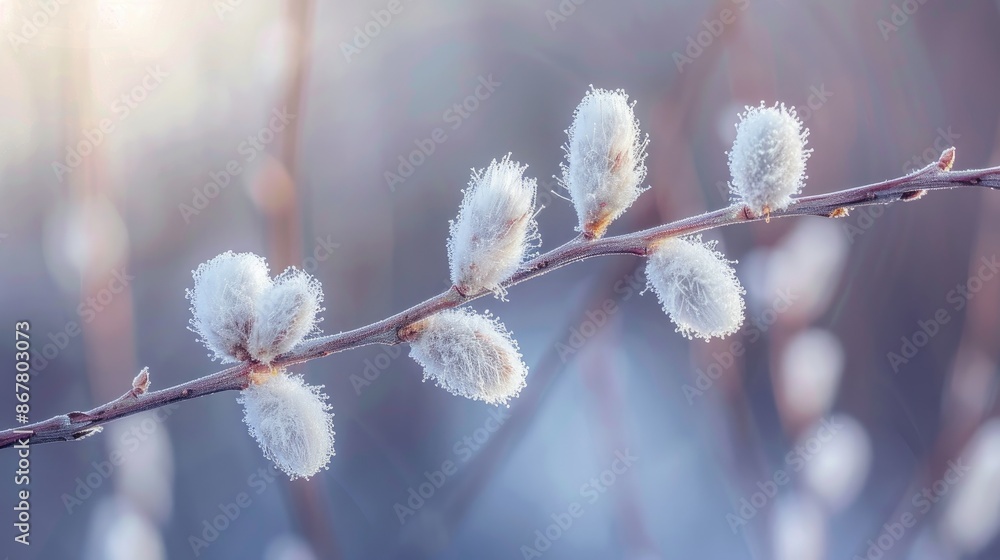 Fluffy white buds on willow branch Early spring trees Fluffy white buds on willow branch Early spring trees