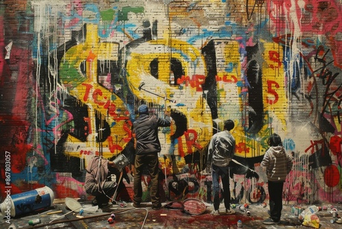 group of graffiti artists spray-painting oversized dollar signs on a weathered brick wall in an abandoned industrial district, the vibrant colors and bold strokes capturing the rebellious energy 