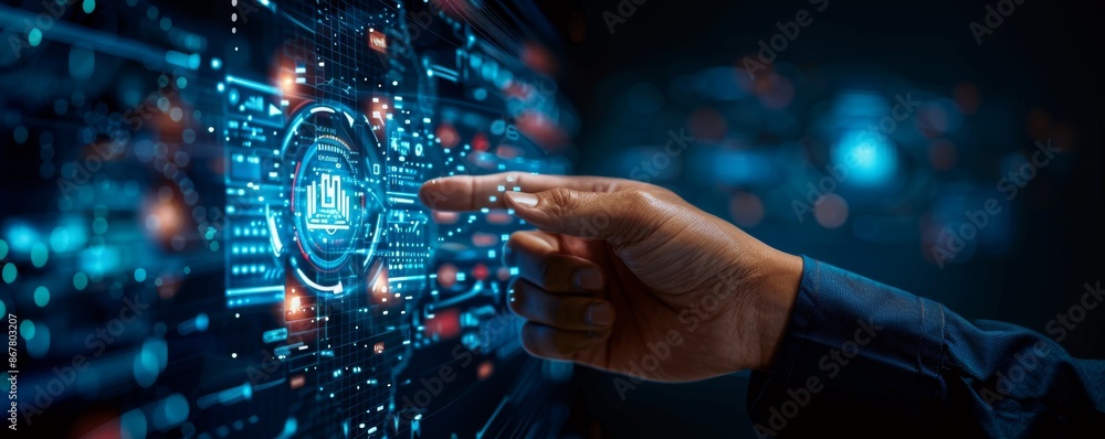 CMS Concept. Businessman Pointing to Content Management System Icon and Data for Global Communication Network