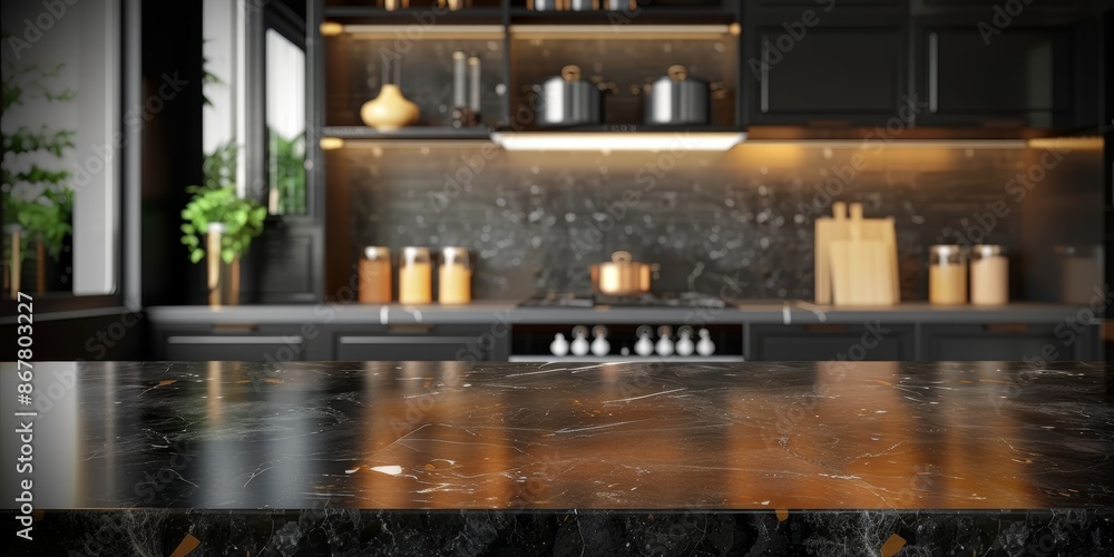 Modern empty dark marble table top or kitchen island on blurry bokeh kitchen room interior Modern empty dark marble table top or kitchen island on blurry bokeh kitchen room interior
