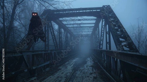 A haunting, atmospheric photograph of Mothman standing on an old, dilapidated bridge at dusk, the creature red eyes glowing ominously in the mist, with the bridge iron structure and surrounding foggy 