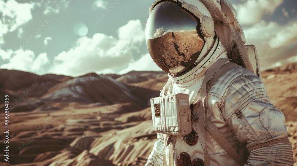 An astronaut in a white suit stands on Mars, with the sun casting ...