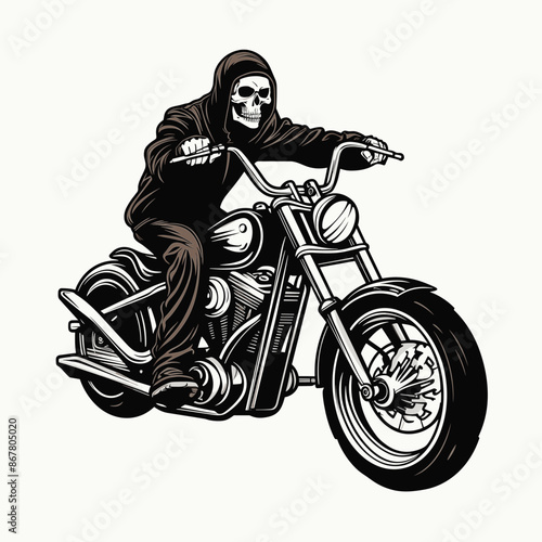 Bold Detailed Skeleton Biker on Motorcycle, Tattoo Style, High-Quality Clean Full-Body SVG Outline Illustration, Perfect for Biker Themes and Retro Artwork