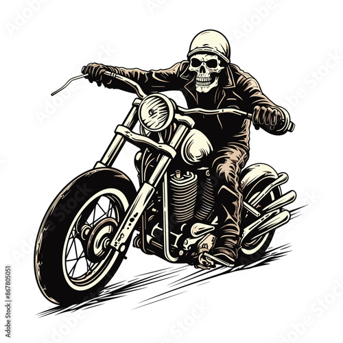 Bold Detailed Skeleton Biker on Motorcycle, Tattoo Style, High-Quality Clean Full-Body SVG Outline Illustration, Perfect for Biker Themes and Retro Artwork