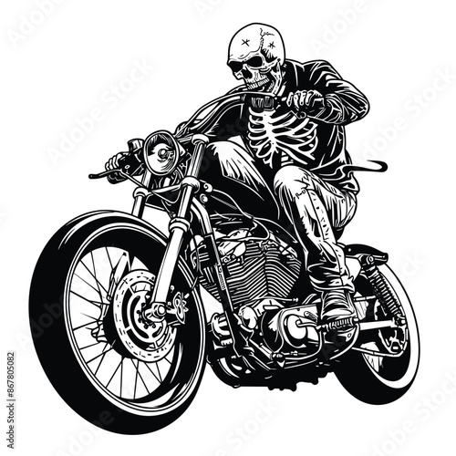 Bold Detailed Skeleton Biker on Motorcycle, Tattoo Style, High-Quality Clean Full-Body SVG Outline Illustration, Perfect for Biker Themes and Retro Artwork