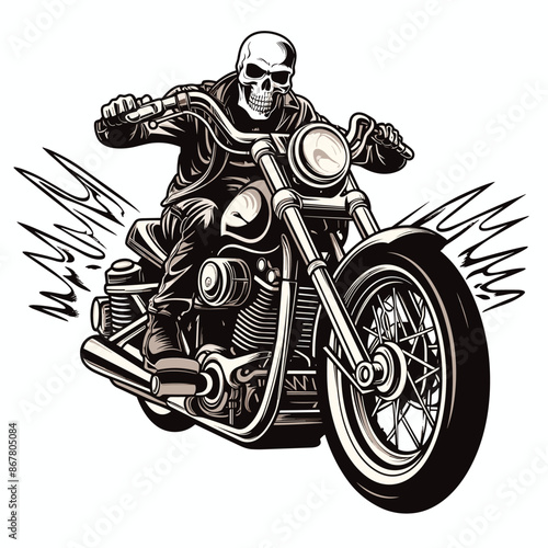 Bold Detailed Skeleton Biker on Motorcycle, Tattoo Style, High-Quality Clean Full-Body SVG Outline Illustration, Perfect for Biker Themes and Retro Artwork