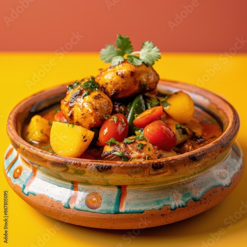 Delicious chicken tagine with vegetables in a traditional Moroccan clay pot.  North African food cuisine. photo