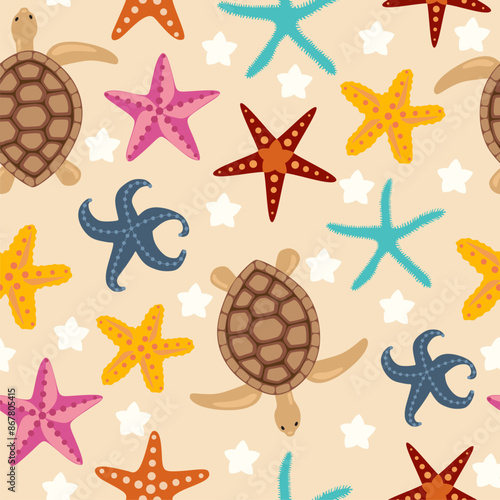 Seamless pattern with turtles and seastars. Nautical children's pattern. Vector art
