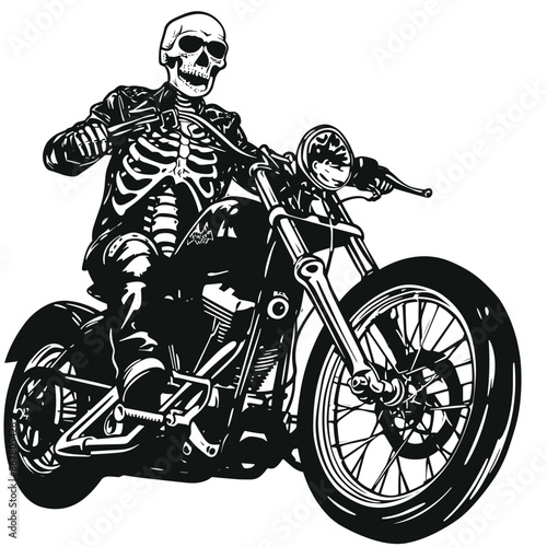 Bold Detailed Skeleton Biker on Motorcycle, Tattoo Style, High-Quality Clean Full-Body SVG Outline Illustration, Perfect for Biker Themes and Retro Artwork