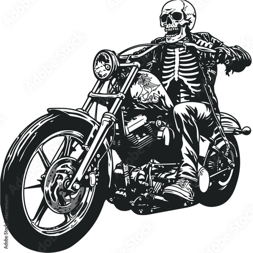 Bold Detailed Skeleton Biker on Motorcycle, Tattoo Style, High-Quality Clean Full-Body SVG Outline Illustration, Perfect for Biker Themes and Retro Artwork