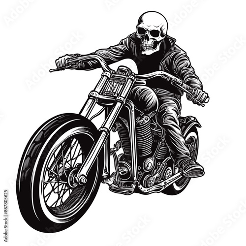 Bold Detailed Skeleton Biker on Motorcycle, Tattoo Style, High-Quality Clean Full-Body SVG Outline Illustration, Perfect for Biker Themes and Retro Artwork