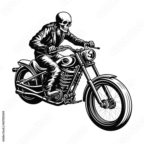 Bold Detailed Skeleton Biker on Motorcycle, Tattoo Style, High-Quality Clean Full-Body SVG Outline Illustration, Perfect for Biker Themes and Retro Artwork