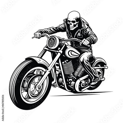 Bold Detailed Skeleton Biker on Motorcycle, Tattoo Style, High-Quality Clean Full-Body SVG Outline Illustration, Perfect for Biker Themes and Retro Artwork