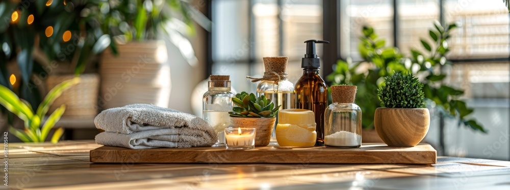 Serene spa setup featuring towels, succulents, and essential oils on a wooden tray in a cozy environment. Serene spa setup featuring towels, succulents, and essential oils on a wooden tray in a cozy environment.