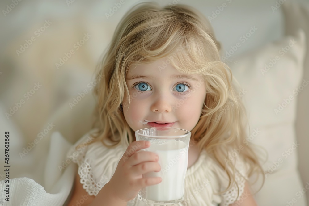 Close-up portrait of cute child drinking milk. Happy little girl with blond hair and blue eyes enjoying a glass of milk. Soft light and warm tones, perfect for family-themed content and campaigns Close-up portrait of cute child drinking milk. Happy little girl with blond hair and blue eyes enjoying a glass of milk. Soft light and warm tones, perfect for family-themed content and campaigns