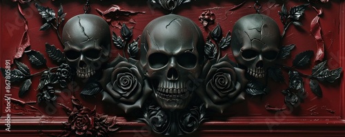 Gothic Halloween Door Hanger with a black rose and skull motif on a dark red background.