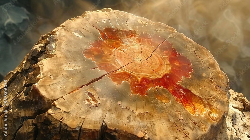 Obraz premium Close-up of a wooden branch with a red and yellow pattern at its end