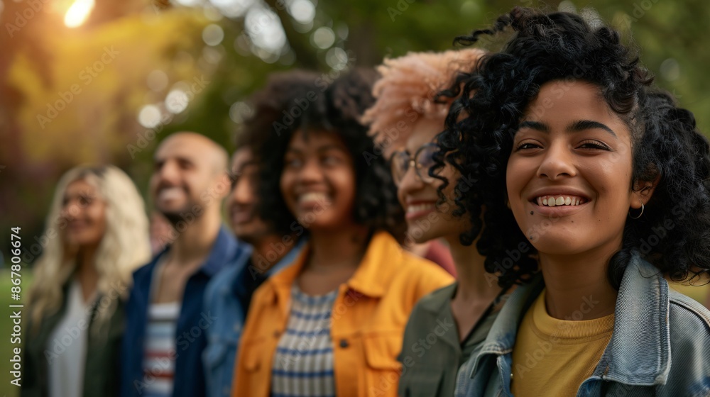 Diverse group of young adults enjoying fall weather in a park, smiling and making memories together Diverse group of young adults enjoying fall weather in a park, smiling and making memories together