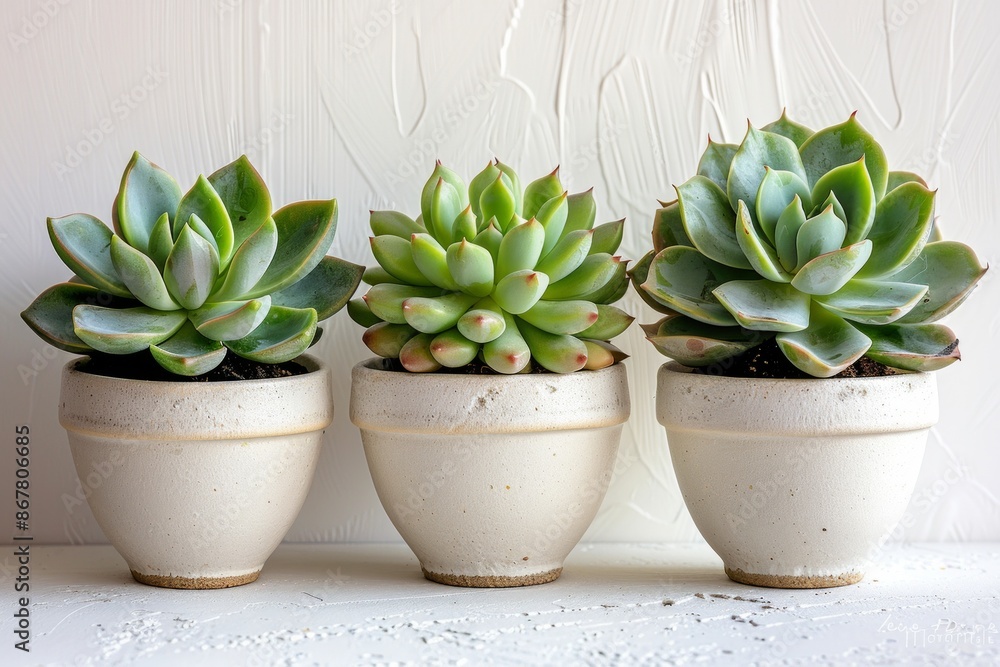 A trio of succulent plants in white pots against a white background, A trio of succulent plants in white pots against a white background,