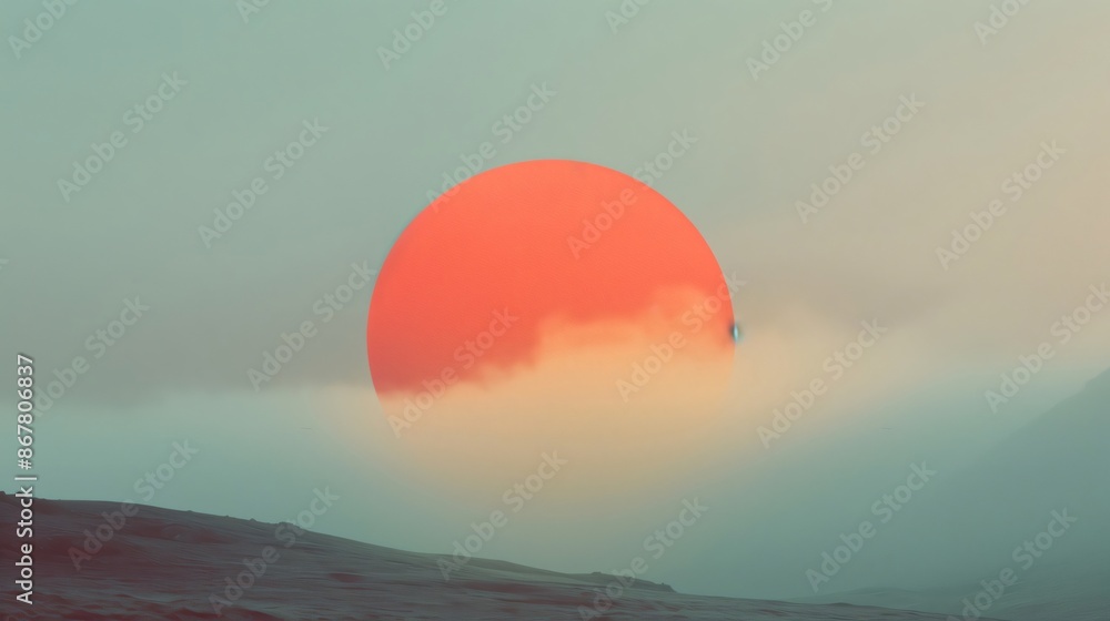 Large, hazy sun is setting on a foggy horizon, casting a warm glow on the clouds below. The teal sky provides a stark contrast to the warm colors of the sunset Large, hazy sun is setting on a foggy horizon, casting a warm glow on the clouds below. The teal sky provides a stark contrast to the warm colors of the sunset
