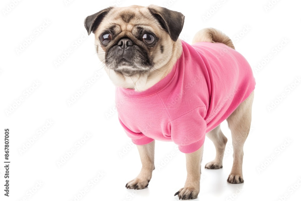 Obraz premium Funny pug in a pink t-shirt standing on a white background, humorous animal fashion concept.
