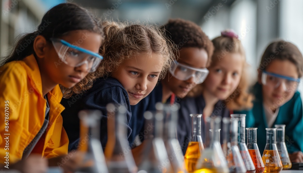 A group of inquisitive kids are engaged in a science experiment, wearing safety goggles and observing beakers with keen interest, showing the importance of hands-on learning. A group of inquisitive kids are engaged in a science experiment, wearing safety goggles and observing beakers with keen interest, showing the importance of hands-on learning.