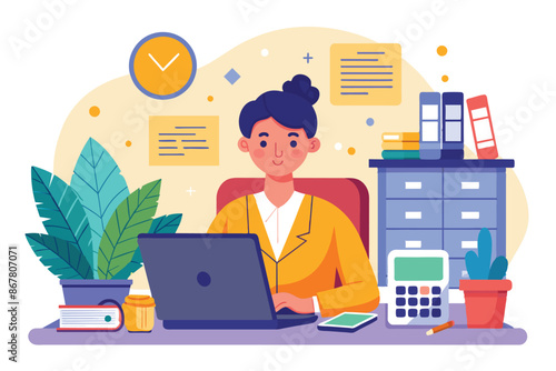A woman sitting at a desk, typing on a laptop. accountant woman using laptop.