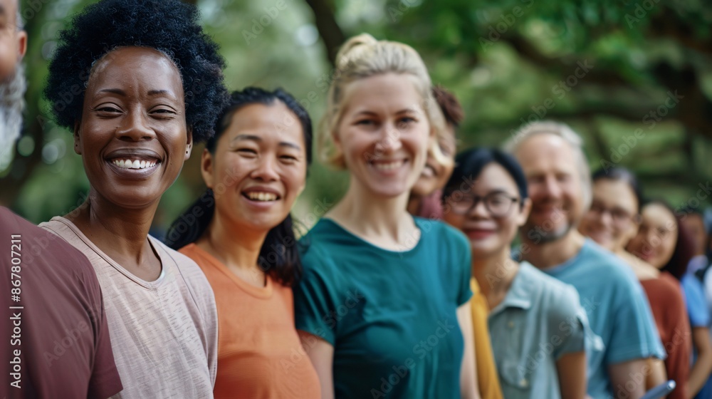 Diverse group of professionals are standing in a line outdoors, smiling. They are wearing casual clothing and appear happy to be together Diverse group of professionals are standing in a line outdoors, smiling. They are wearing casual clothing and appear happy to be together
