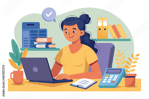 A woman focused on her laptop, sitting at a desk in an office environment with some plants, Soft skills Customizable Semi Flat Illustration