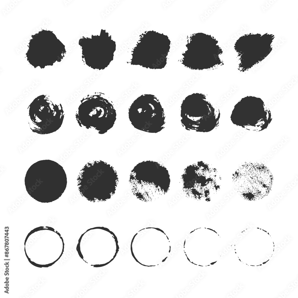 A set of round spots drawn in ink. Brush shapes. Vector illustration. A set of round spots drawn in ink. Brush shapes. Vector illustration.