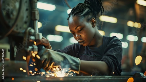 A hard-working woman in a workshop, a black woman, a welder