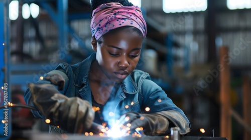A hard-working woman in a workshop, a black woman, a welder