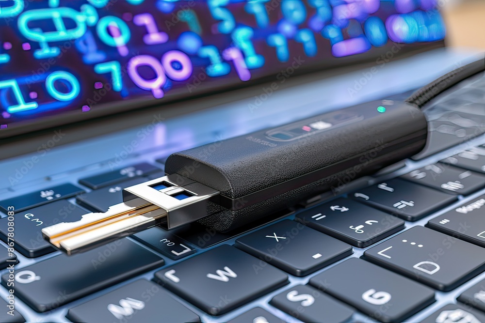 A key is protruding from a keychain link above a laptops keyboard A key is protruding from a keychain link above a laptops keyboard