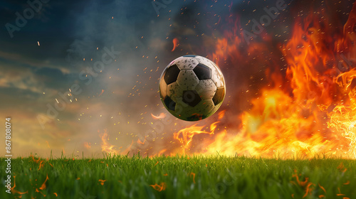 A soccer ball is suspended in mid-air with a dramatic  fire backdrop and a grassy field beneath it