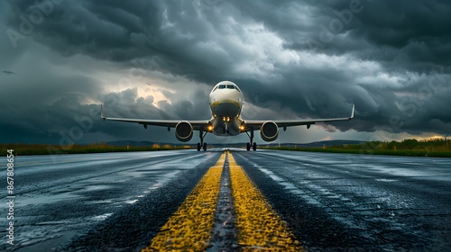 Plane landing on the highway in a storm