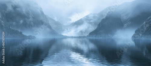A serene misty mountain lake reflects a dense pine forest tranquil, atmospheric natural beauty captivates the scene AIG62