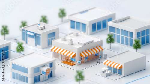 3D isometric illustration of buildings and shops, with a white background