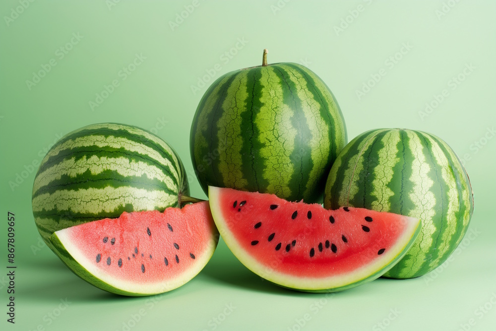 Whole and sliced watermelons on a light green background, highlighting freshness and health, concept for National Watermelon Day Whole and sliced watermelons on a light green background, highlighting freshness and health, concept for National Watermelon Day